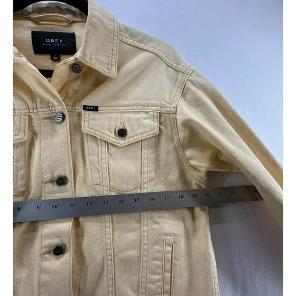 OBEY Denim Trucker Jacket Womens S Graphic Rose Button Front Long Sleeve Yellow - Picture 12 of 13